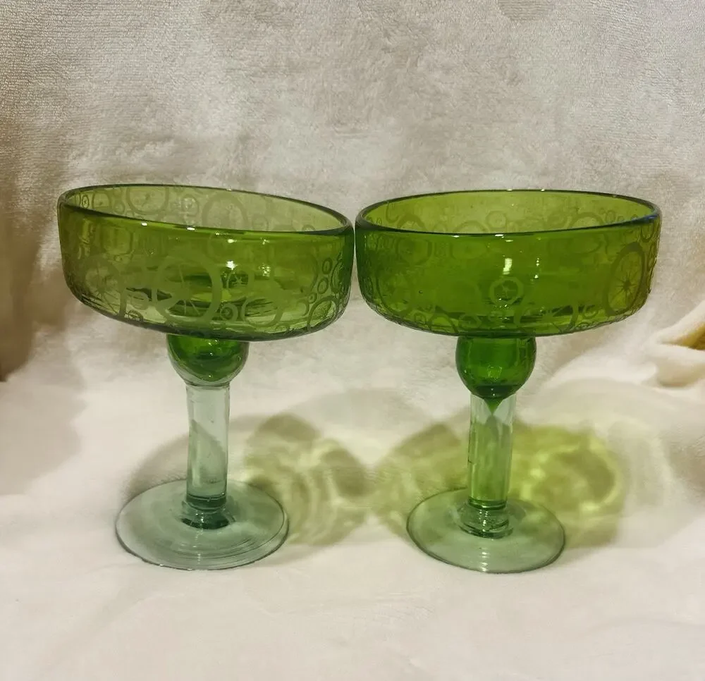Authentic Mexican Hand Blown Green Margarita Glasses Set of 2 Limes Barware